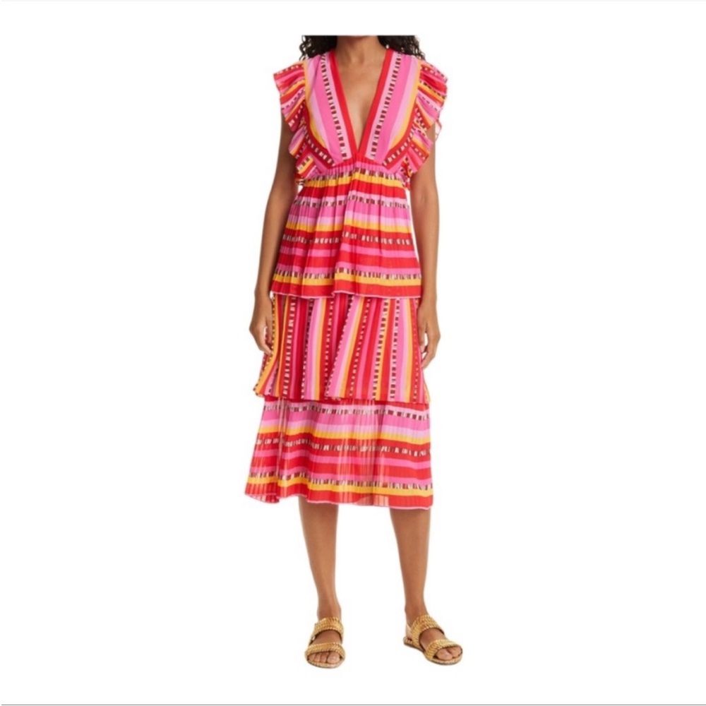 Farm Rio Lucy Dress Pink stripe pleated